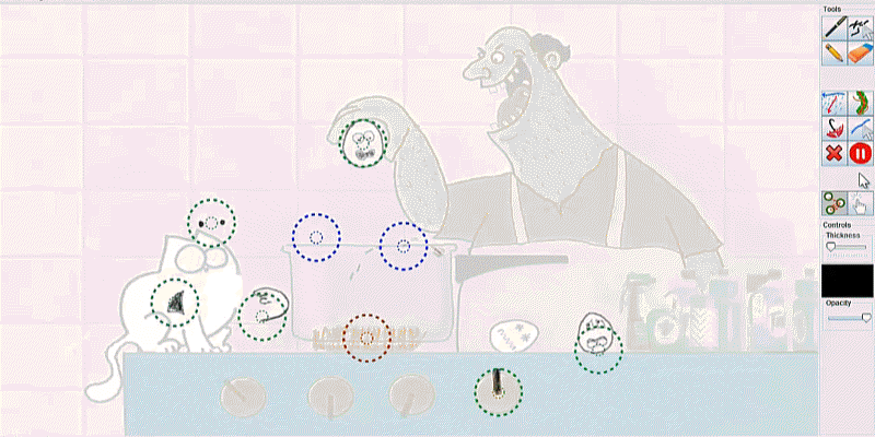 Sketching a path between the source object node (the egg) and the target emitting texture node (soup splash), creates a relation between the two visual entities. Upon creation, the relation control widget (radial menus and mapping function widget) are made visible. The artist selects the parameters for the relation, then directly sketches the mapping function. The splash then occurs only when the egg hits the surface. The cat is drawn in likeliness of Simon't Cat, used with permission.